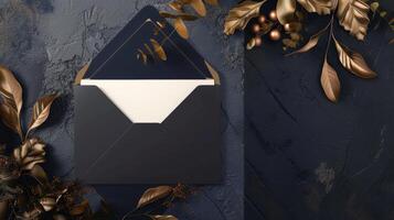 Sophisticated blank mockup of a blacktie gala invitation with a luxurious gold and navy color scheme photo