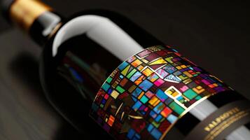 A bold wine bottle with a label showcasing a colorful mosaic pattern and a unique font in metallic gold photo