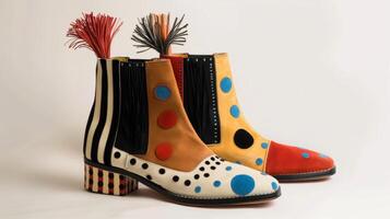 Suede ankle boots with fringe detailing and a playful mix of patterns including polka dots and stripes photo