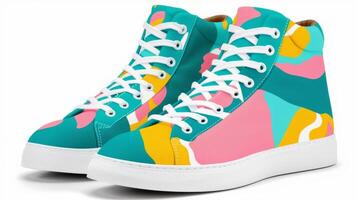 Retroinspired hightop sneakers in a vibrant teal color with a pink and yellow abstract pattern photo