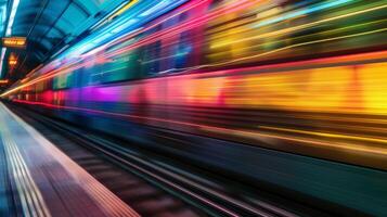 A train whizzing by on the tracks its carts a blur of colors and passengers gazing out the windows in fascination as theyre transported . AI generation photo