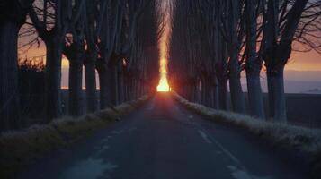 The sun sets over a solitary road lined with rows of trees creating a sense of haunting isolation. . AI generation photo