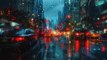 On a dark and rainy night the city transforms into a canvas for light painting. The droplets of rain cast a soft glow adding depth . AI generation photo