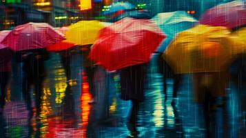 As the rain pours down the city transforms into a sea of colorful umbrellas and blurred reflections on the wet pavement. The sound . AI generation photo