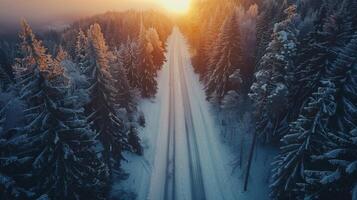 As the sun dips below the horizon the stark beauty of a snowcovered highway is highlighted by the golden light peeking through the . AI generation photo