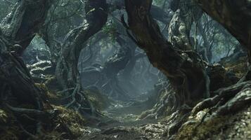 The gnarled roots of ancient trees twist and turn creating a mazelike path that seems to lead deeper into the heart of the mystical . AI generation photo