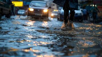 The rain pools in the numerous potholes creating mini floods in the middle of the road. Pedestrians struggle to navigate the uneven . AI generation photo