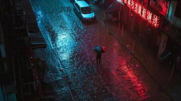The relentless rain intensified the neon lights creating a surreal atmosphere as the lone wanderer trudged through the deserted backstreet. . AI generation photo