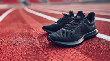 A closeup shot of a pair of sleek black athletics shoes resting on a deep red rubberized track ready to take on the challenge of a . AI generation photo