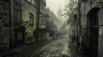 The rain has left a misty veil over the cobblestone streets adding an air of mystery and enchantment to the already charming European . AI generation photo