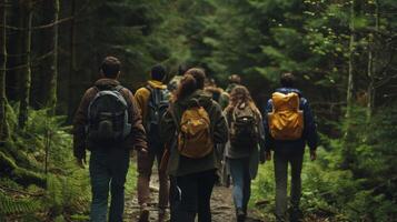 A group of friends walk side by side backs to the camera as they traverse a winding forest trail. body language exudes . photo
