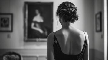 A tall elegant woman in a sleek black dress stands with back to the camera attention focused on a detailed portrait hanging . photo