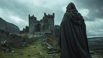 A mysterious figure cloaked in a hooded cloak stands with back to the camera as they survey the vastness of the deserted castle . photo