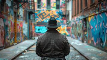 A man wearing a fedora hat stands with arms crossed facing away from the camera. In the distance a graffiticovered alleyway can . photo