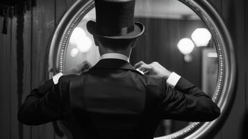 A man wearing a top hat and tails stands with back to the camera facing a large mirror. adjusts bowtie a sign of perfectionist . photo