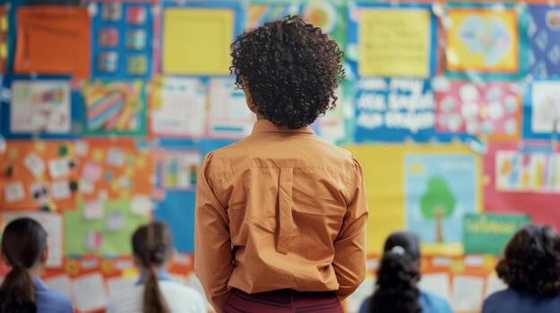 A teacher stands in front of a colorful display of posters and charts back to the camera as addresses a class of engaged students. . photo