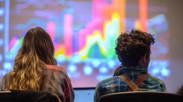A closeup of two students sitting side by side both with backs to the camera focused on a laptop screen with a colorful graph . photo