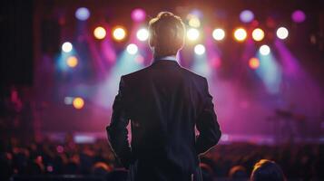 A man in a sharp suit stands with hands in pockets back to the camera as looks up at the stage with a contemplative . photo