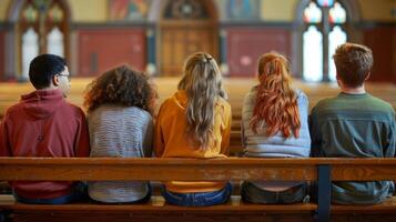 A diverse group of classmates sit on a bench backs turned to the camera as they huddle together deep in discussion. In the background . photo