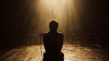 A lone performer faces away from the audience posture slumped and head hanging low as they pour heart out into a microphone. . photo