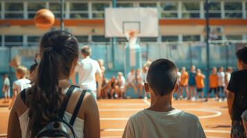 A group of parents stand on the sidelines backs to the camera as they cheer and support children on the court. . photo