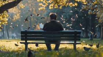 A man sits on a bench in a park back to the camera as reads a book surrounded by birds and the sounds of nature. . photo