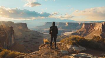 A lone figure stands on a trail back to the camera as they take in the breathtaking view of a canyon stretching out before them. . photo