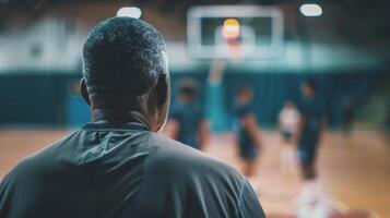 The coach surveys the court back to the camera as they observe players warming up and mentally going through game . photo