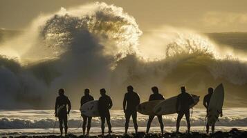 A group of surfers stand with boards in hand gazing out at the powerful waves crashing against the shoreline. Though faces . photo