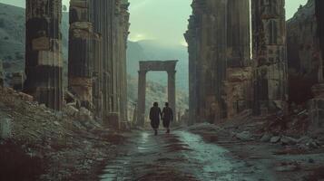 Against a backdrop of towering pillars two figures walk hand in hand backs towards the camera. The ruins around them seem to . photo