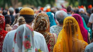 A group of diverse individuals each with own unique attire faces away from the camera as they pause to take in the beauty of . photo