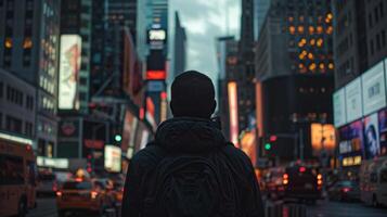 Ignoring the hectic energy of the city a person stands motionless seeking a sense of calm and solitude in the midst of urban life. . photo