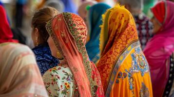 A colorful array of traditional clothing is on display as a group of participants in an interfaith ceremony face away from the camera . photo