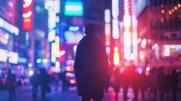 A lone figure walks down a busy street back to the camera as they make way through the neonlit city. posture suggests . photo