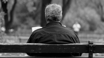 A man sits on a bench back to the camera as flips through the pages of an art book clearly indulging in a moment of quiet contemplation. . photo