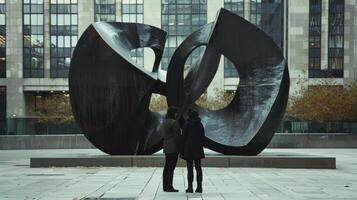 Two figures one tall and one short stand side by side with backs to the camera admiring a massive abstract sculpture in an urban . photo