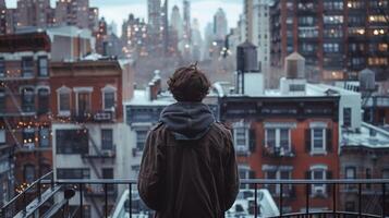 A lone figure stands on a fire escape back turned to the camera as they look out at the sprawling metropolis below lost in contemplation . photo