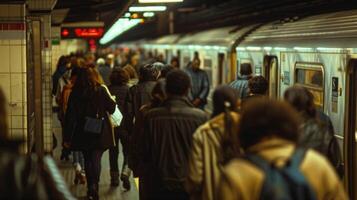 A group of commuters are seen from behind as they walk down the platform towards the subway train each lost in own thoughts . photo