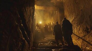 A small group of explorers huddle together atop a steep staircase backs facing the camera as they peer down into the depths . photo