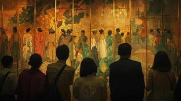 A group of people backs to the camera gather in front of a hidden and lesserknown mural appreciating its beauty and workmanship . photo