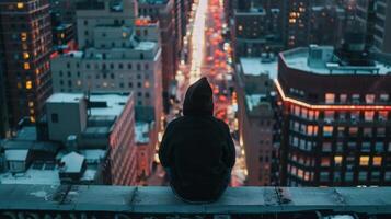 A lone figure sits on a rooftop ledge lost in thought with back to the camera overlooking the bustling city below. . photo