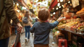 A young boy back to the camera excitedly points at soing in one of the stalls with parents following closely behind all immersed . photo