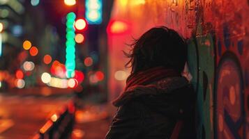 A person leans against a graffiticovered wall back to the camera as they take a moment to take in the enchanting city lights . photo