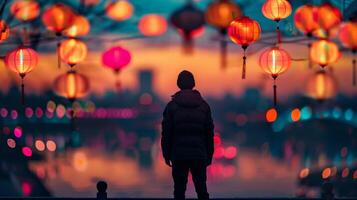 A lone figure stands on the rooftop silhouette outlined against the backdrop of colorful lanterns and a stunning cityscape. . photo