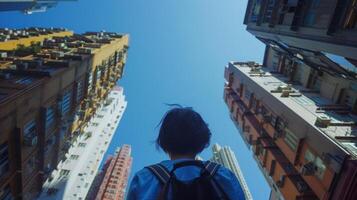 In the midst of towering buildings and busy streets a person stands with back turned to the camera taking a moment to look up . photo