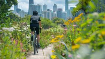 A cyclist zooms past back to the camera as they make way through a narrow path lined with overgrown bushes and wildflowers. . photo
