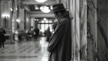 A person clad in a long coat and fedora leans against a marble pillar face partially obscured as they observe the activity in . photo