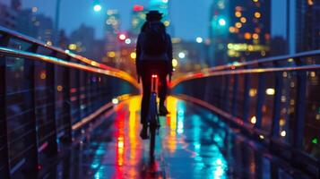 un persona paseos bicicleta a lo largo el peatonal puente figura resumido por el vistoso luces de el ciudad horizonte. . foto