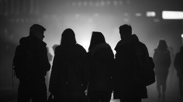 The silhouettes of four people stand in a huddle postures tense and ready for action. . photo