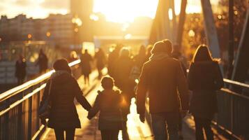 Silhouettes of people of all ages and races against a backdrop of a busy pedestrian bridge illustrating the diversity and inclusivity . photo